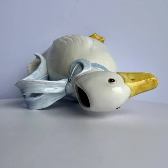 Fitz and Floyd White Goose Pitcher Blue Ribbon Handle Vintage Kitchenware - Picture 5 of 12